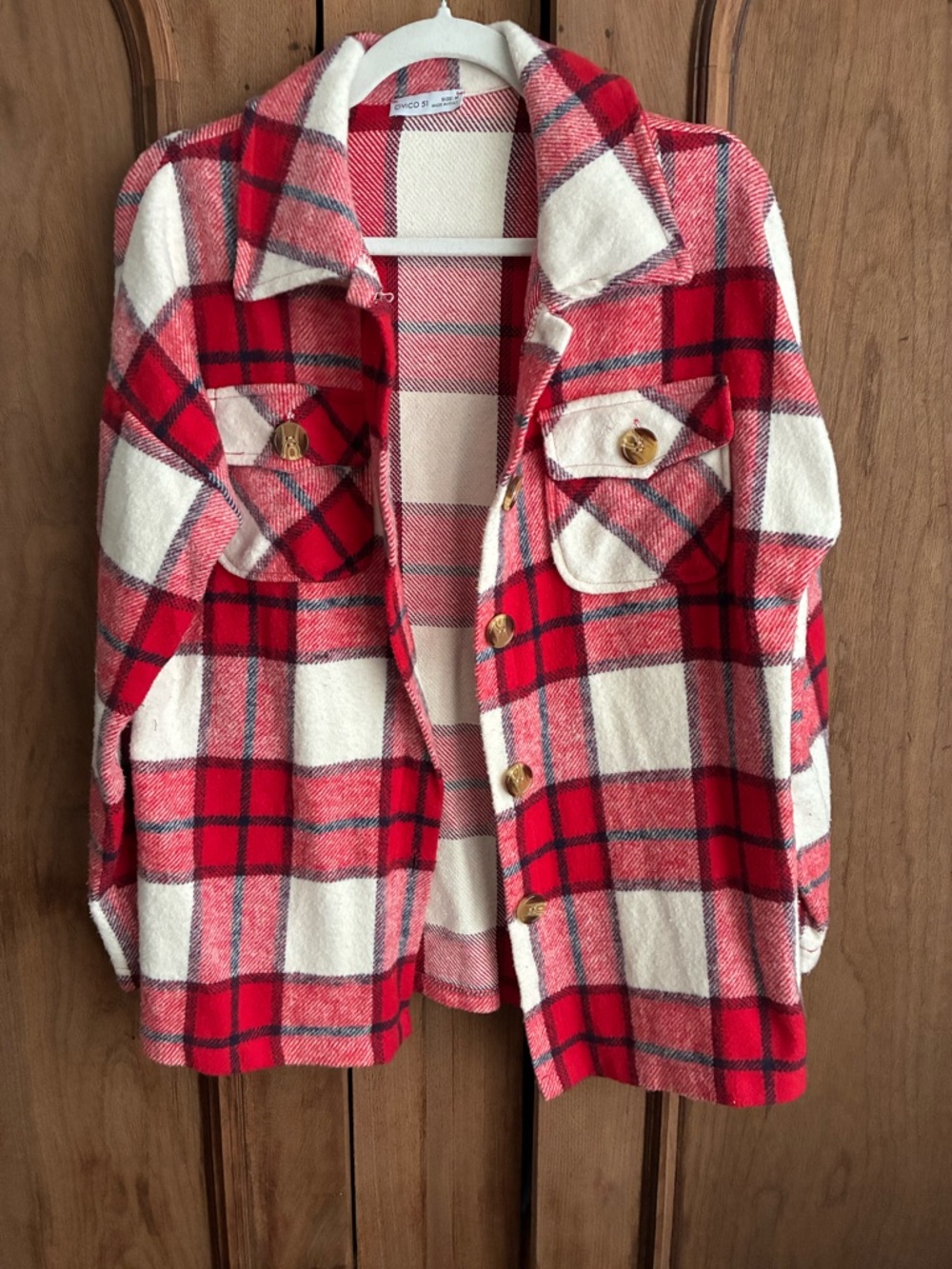 Plaid Red and White Button-Front Shacket - Picture 2 of 4